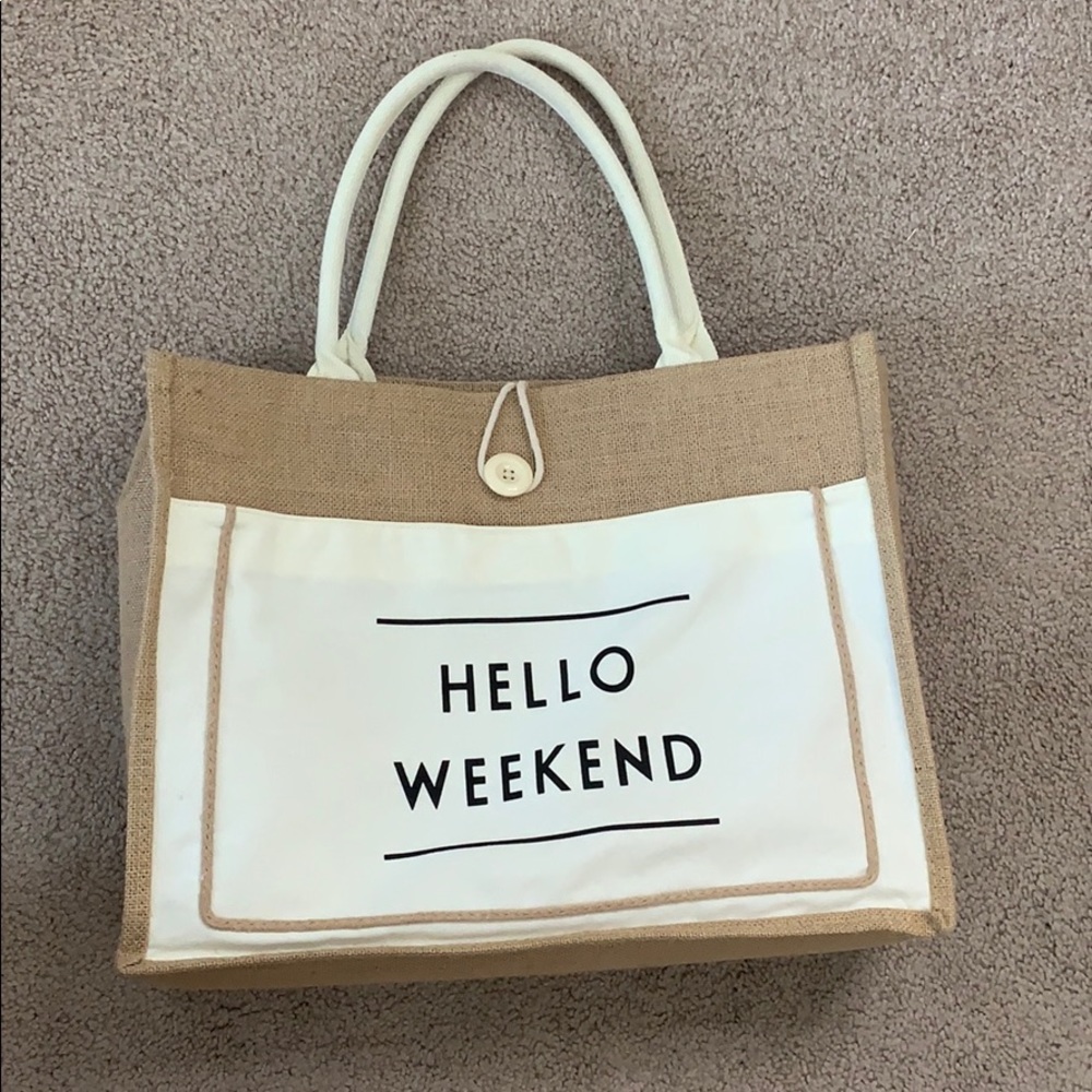 “Hello Weekend“ Woven/Canvas Bag w/ Pocket/Button
